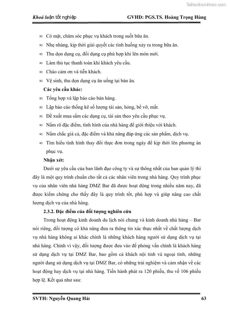 Khóa luận tốt nghiệp Quản trị kinh doanh Nâng cao chất lượng dịch vụ tại DMZ Bar – Công ty cổ phần du lịch DMZ - 10 Trang 73