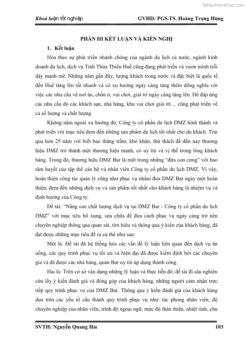 Khóa luận tốt nghiệp Quản trị kinh doanh Nâng cao chất lượng dịch vụ tại DMZ Bar – Công ty cổ phần du lịch DMZ - 15 Trang 113