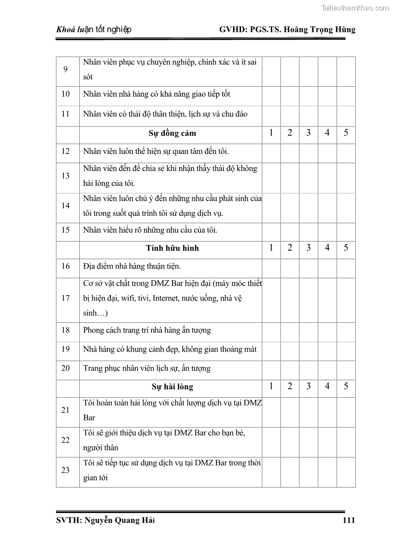 Khóa luận tốt nghiệp Quản trị kinh doanh Nâng cao chất lượng dịch vụ tại DMZ Bar – Công ty cổ phần du lịch DMZ - 16 Trang 121