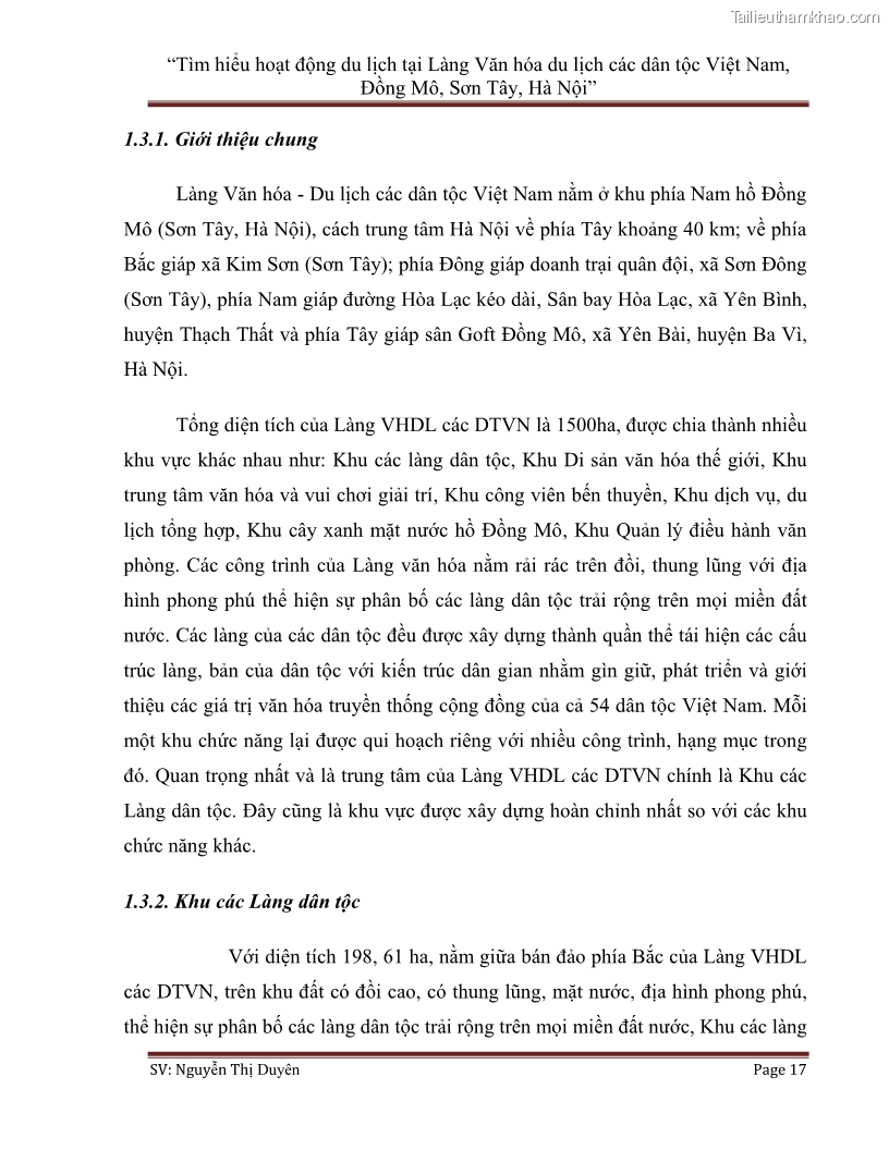 Khóa luận tốt nghiệp Tìm hiểu hoạt động du lịch tại Làng Văn hóa du lịch các dân tộc Việt Nam, Đồng Mô, Sơn Tây, Hà Nội - 3 Trang 17