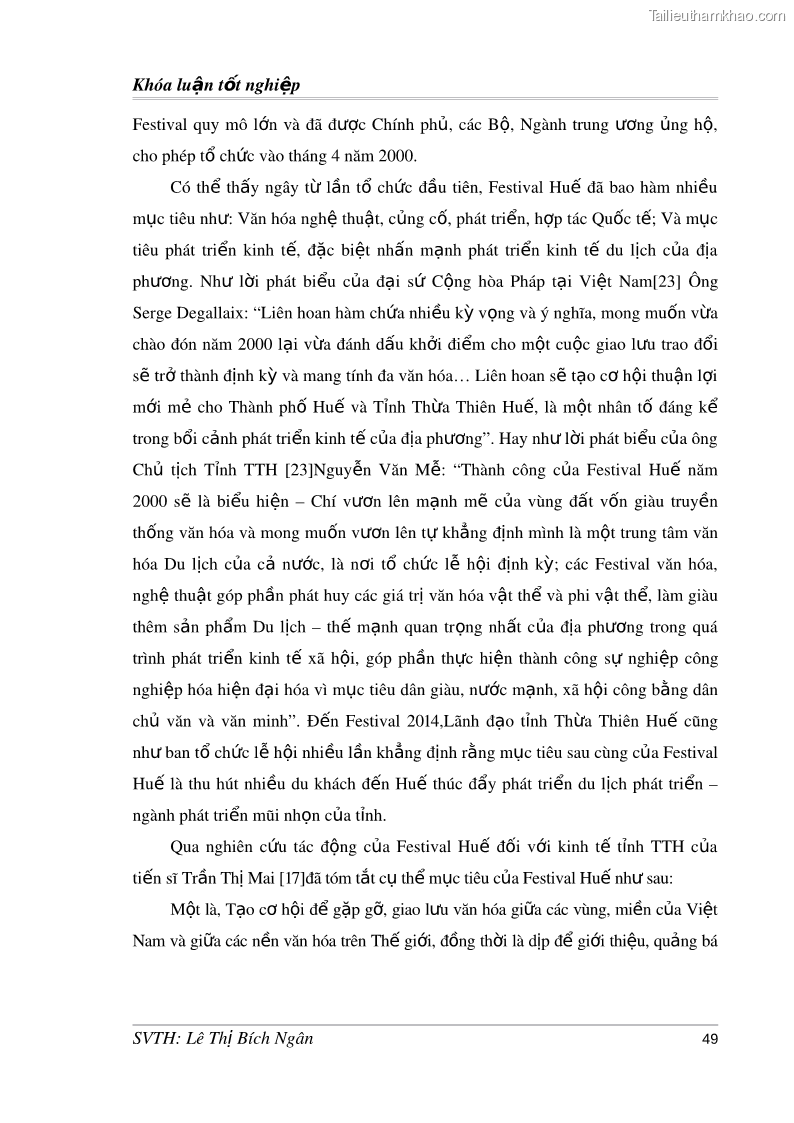 Khóa luận tốt nghiệp Tác động của Festival đến đời sống người dân thành phố Huế Nghiên cứu trường hợp tại 2 phường Thuận Thành, Phú Hội - thành phố Huế - 7 Trang 49