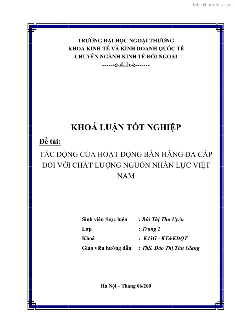 Khóa luận tốt nghiệp Tác động của hoạt động bán hàng đa cấp đối với chất lượng nguồn nhân lực Việt Nam - 1 Trang 1