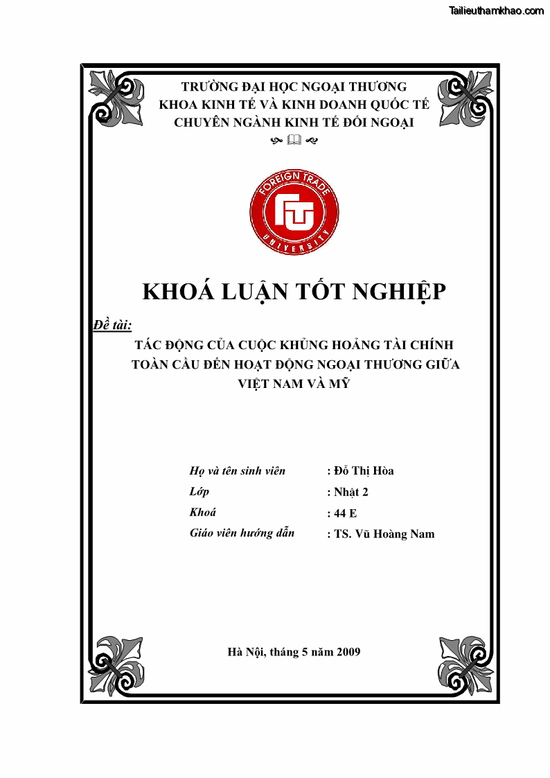 Khóa luận tốt nghiệp Tác động của khủng hoảng tài chính toàn cầu tới hoạt động ngoại thương Việt Nam và Mỹ - 1 Trang 1