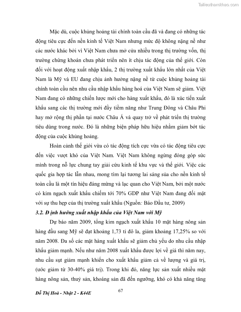 Khóa luận tốt nghiệp Tác động của khủng hoảng tài chính toàn cầu tới hoạt động ngoại thương Việt Nam và Mỹ - 10 Trang 73