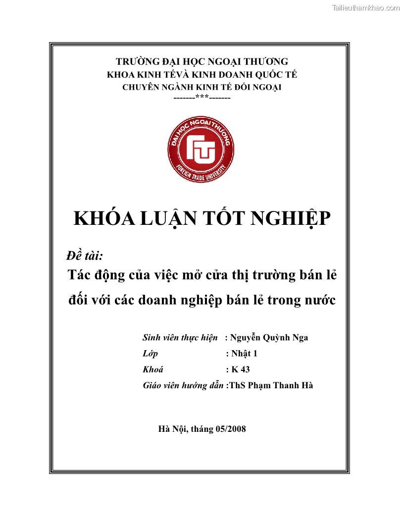 Khóa luận tốt nghiệp Tác động của việc mở cửa thị trường bán lẻ đối với các doanh nghiệp bán lẻ trong nước - 1 Trang 1