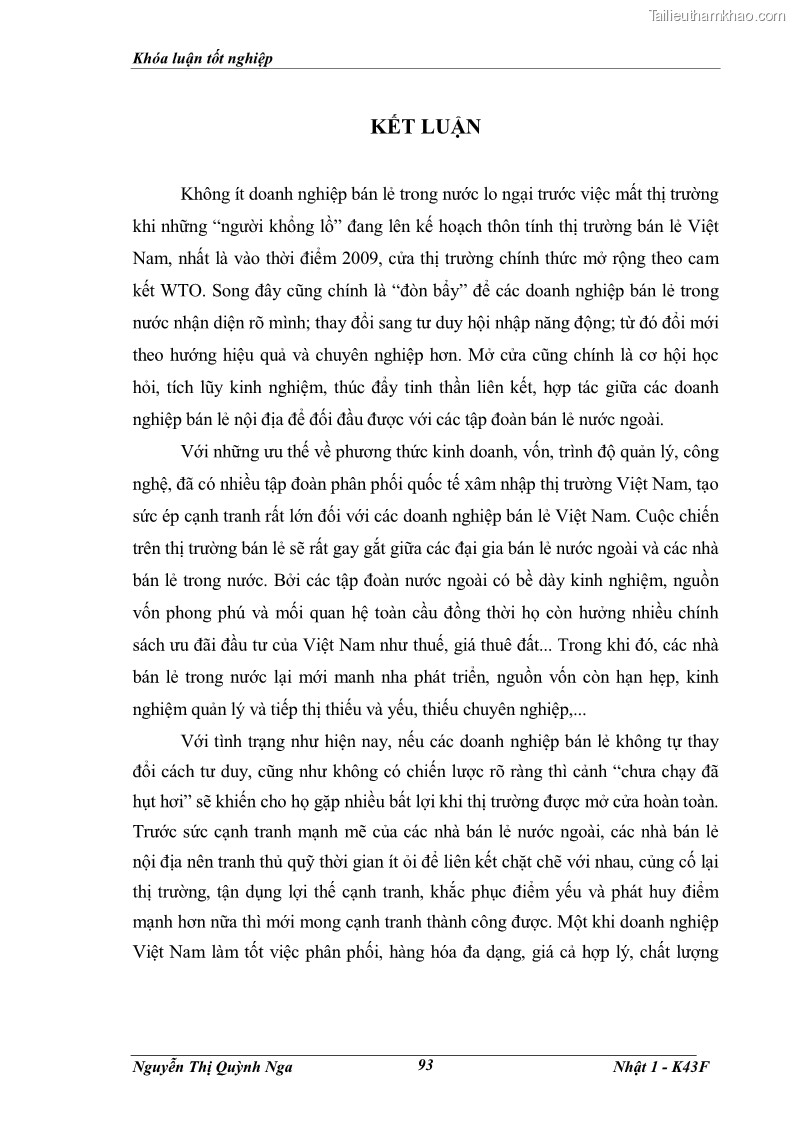 Khóa luận tốt nghiệp Tác động của việc mở cửa thị trường bán lẻ đối với các doanh nghiệp bán lẻ trong nước - 13 Trang 97