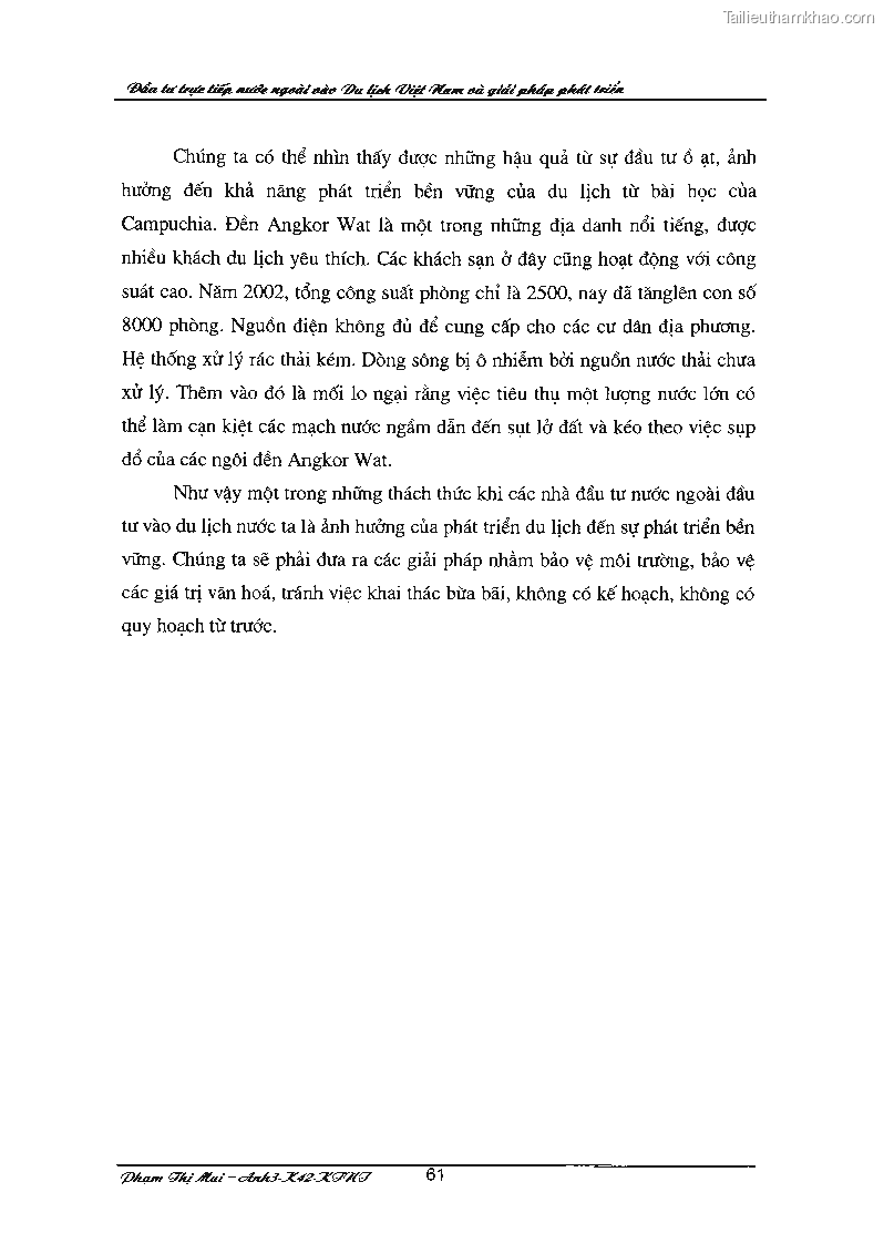Khóa luận tốt nghiệp Đầu tư trực tiếp nước ngoài vào du lịch Việt Nam và giải pháp phát triển - 9 Trang 65