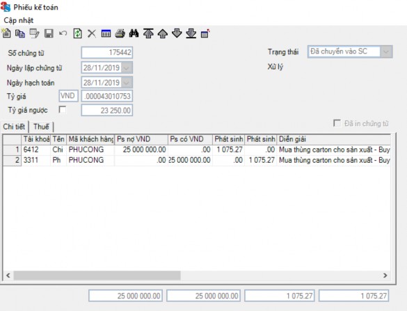 641 Phụ lục 2 23 Màn hình nhập liệu hạch toán mua thùng carton ngày 28 11 2019 8