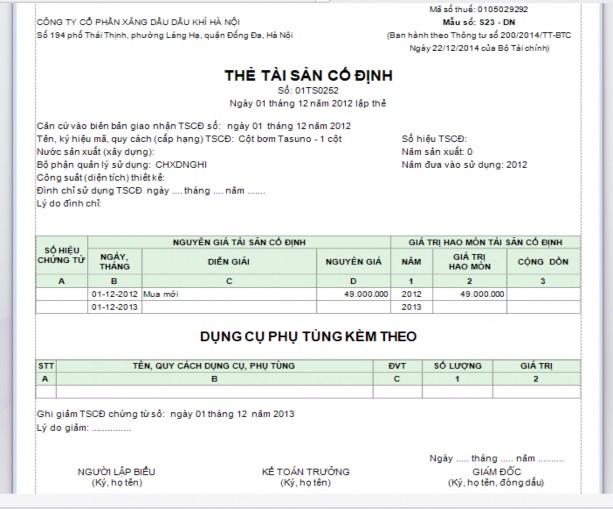 Phụ lục số 2 56 Thẻ TSCĐ cột bơm xăng dầu Tasuno tại CHXD Nghĩa Tân 5