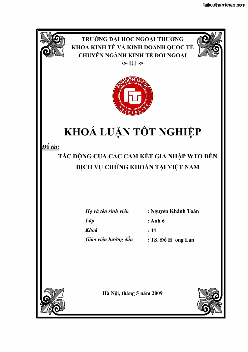 Khóa luận tốt nghiệp Tác động của các cam kết gia nhập WTO đến dịch vụ chứng khoán tại Việt Nam - 1 Trang 1
