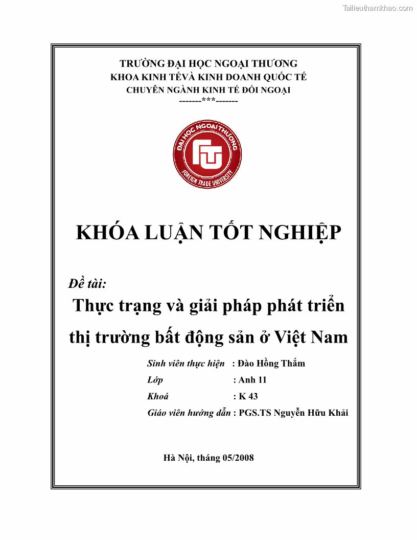 Khóa luận tốt nghiệp Thực trạng và giải pháp phát triển thị trường bất động sản ở Việt Nam - 1 Trang 1