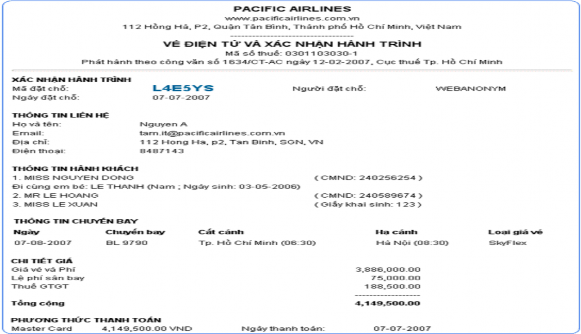 Hình 3 Hình thức vé điện tử của Pacific Airlines Khác với hình thức bán vé 1
