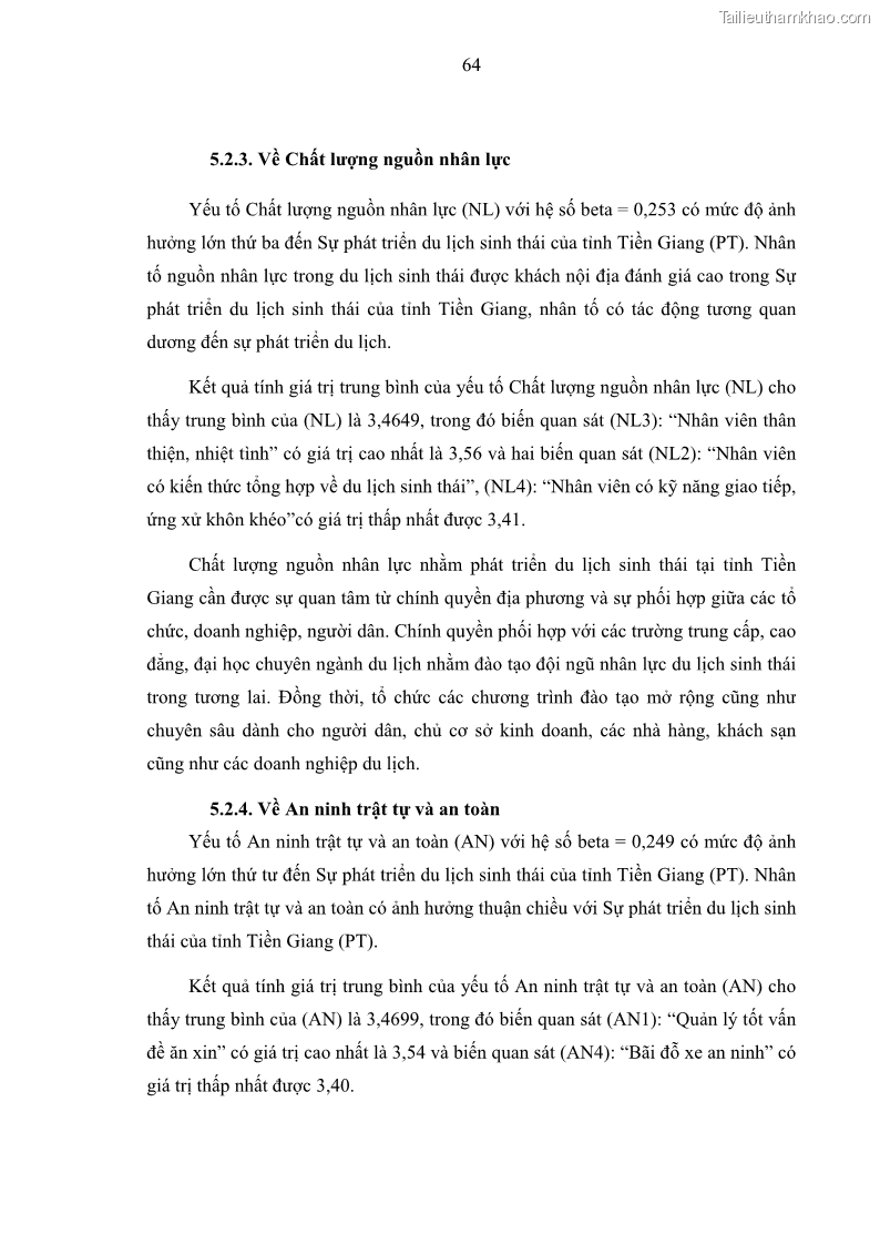 Luận văn Thạc sĩ Kinh tế Các nhân tố ảnh hưởng đến phát triển du lịch sinh thái tỉnh Tiền Giang - 10 Trang 73