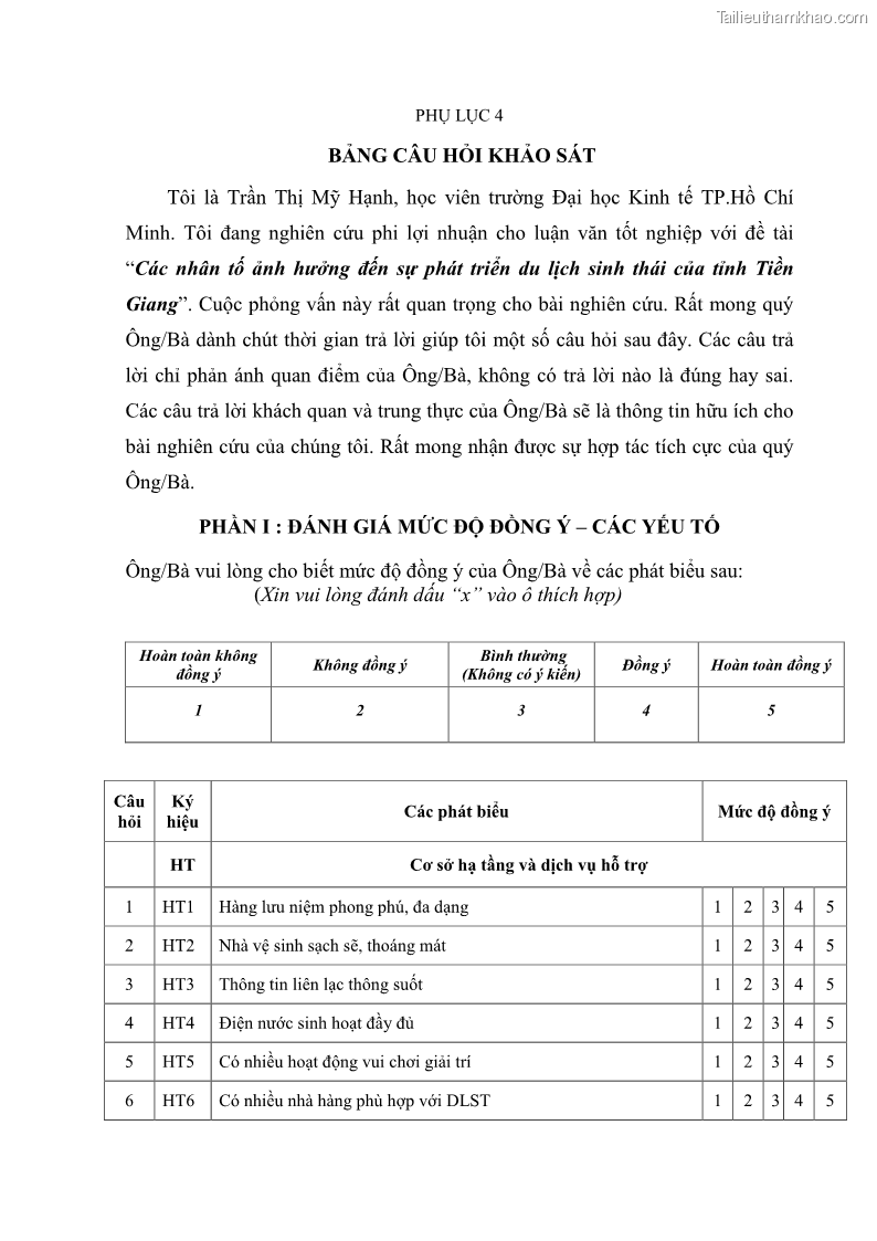 Luận văn Thạc sĩ Kinh tế Các nhân tố ảnh hưởng đến phát triển du lịch sinh thái tỉnh Tiền Giang - 14 Trang 105