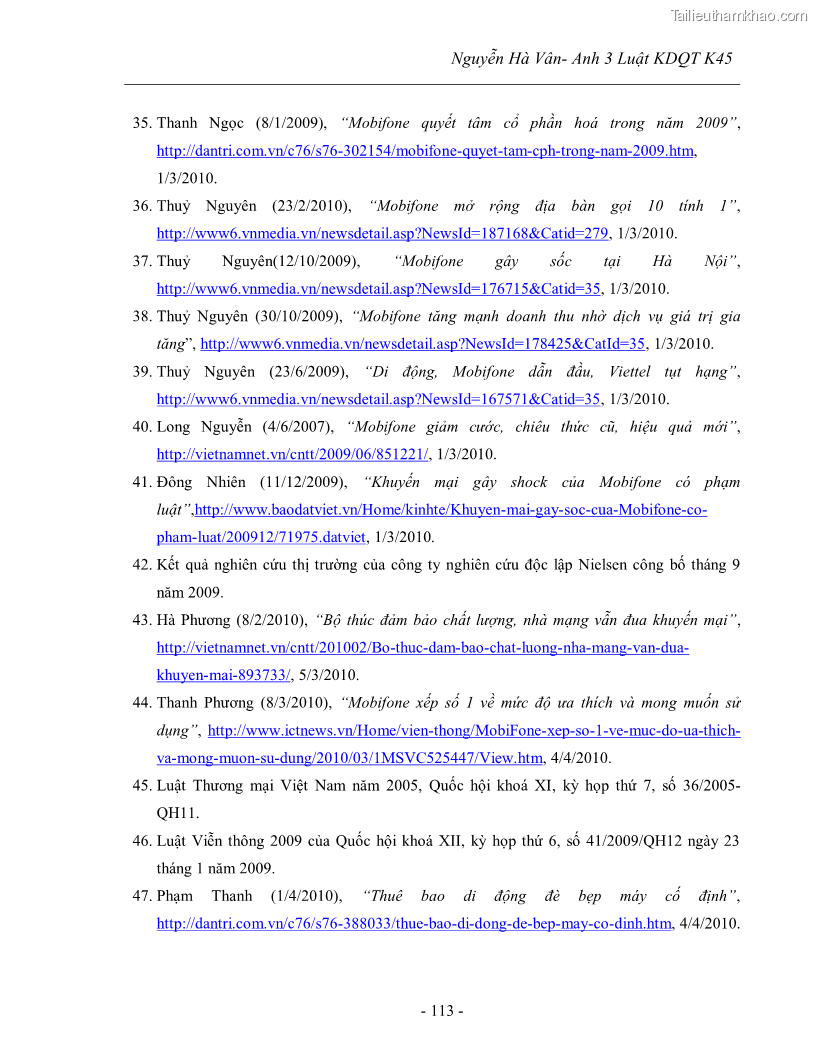 Khóa luận tốt nghiệp Tác động của các hình thức khuyến mại đến hoạt động kinh doanh dịch vụ viễn thông di động Mobifone của tập đoàn Bưu chính viễn thông VNPT - 16 Trang 121