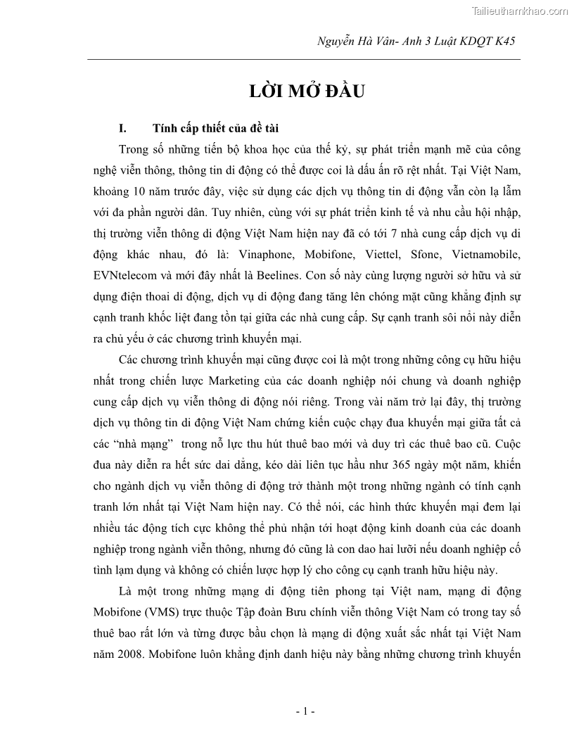 Khóa luận tốt nghiệp Tác động của các hình thức khuyến mại đến hoạt động kinh doanh dịch vụ viễn thông di động Mobifone của tập đoàn Bưu chính viễn thông VNPT - 2 Trang 9