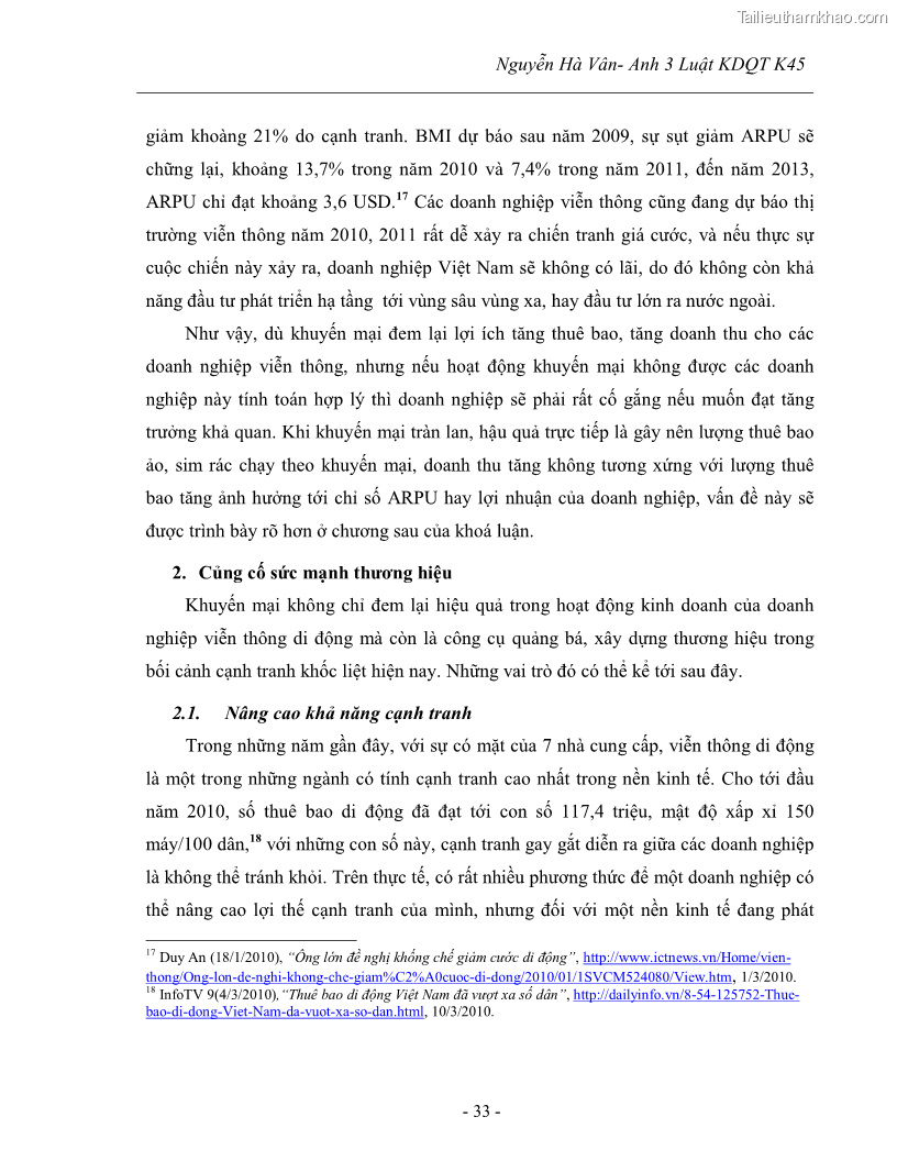 Khóa luận tốt nghiệp Tác động của các hình thức khuyến mại đến hoạt động kinh doanh dịch vụ viễn thông di động Mobifone của tập đoàn Bưu chính viễn thông VNPT - 6 Trang 41