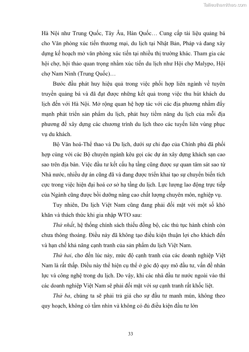 Luận văn Thạc sĩ Kinh tế chính trị Phát triển du lịch thành phố Hà Nội - 5 Trang 33