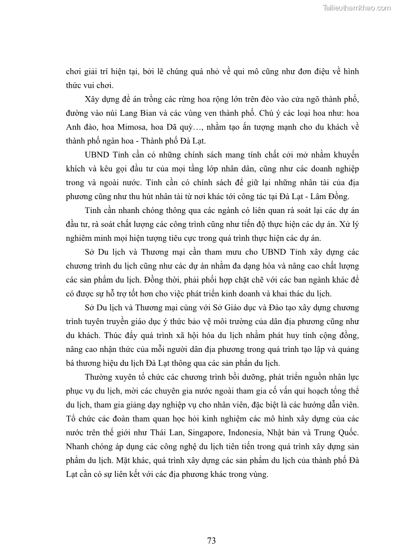 Luận văn thạc sĩ kinh tế Giải pháp đa dạng hóa sản phẩm du lịch tỉnh Lâm Đồng đến năm 2015 - 10 Trang 73