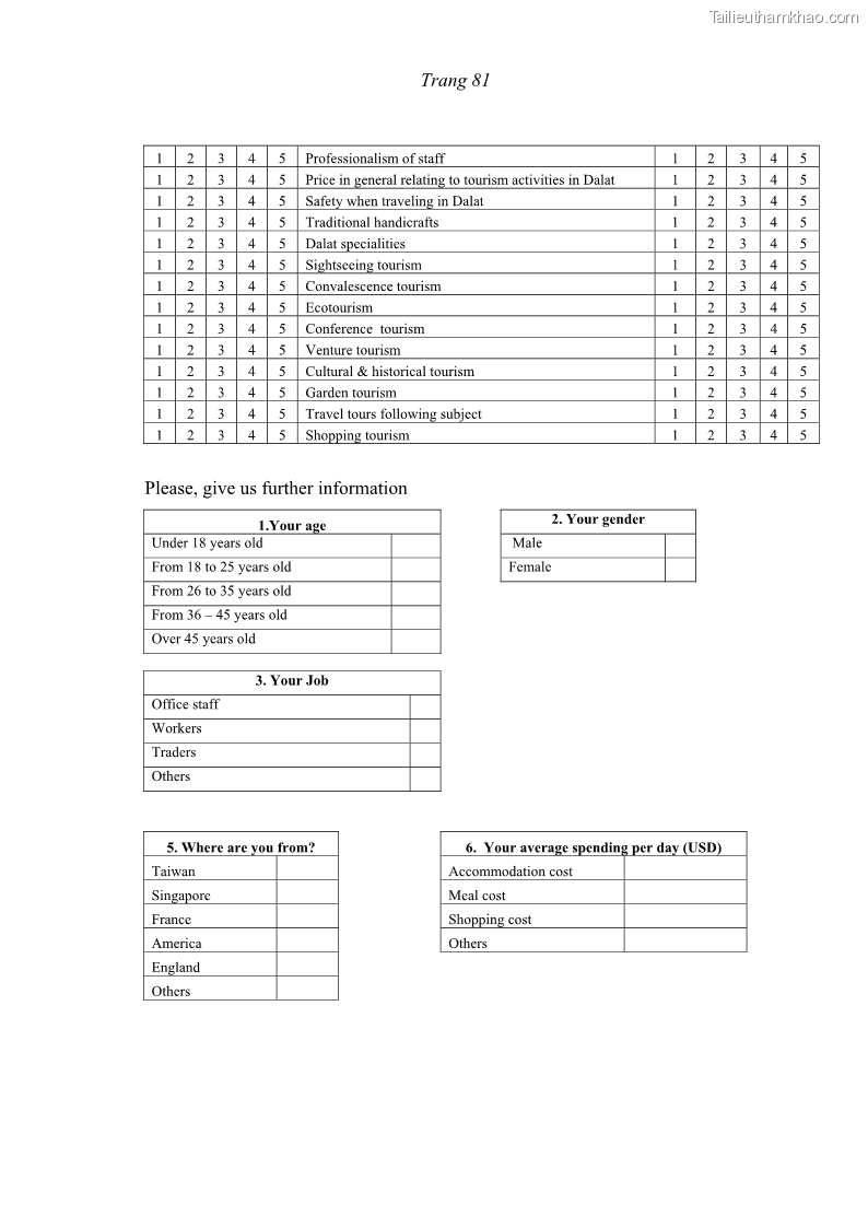 Luận văn thạc sĩ kinh tế Giải pháp đa dạng hóa sản phẩm du lịch tỉnh Lâm Đồng đến năm 2015 - 11 Trang 81