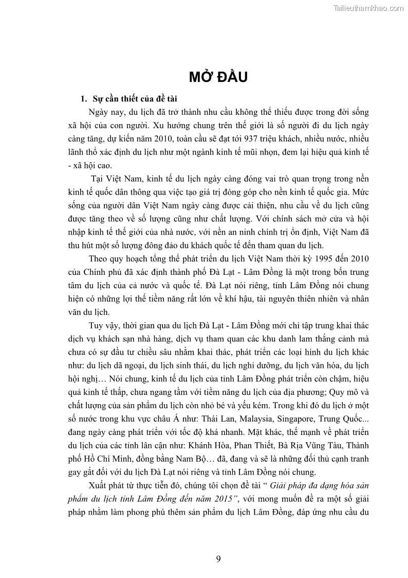 Luận văn thạc sĩ kinh tế Giải pháp đa dạng hóa sản phẩm du lịch tỉnh Lâm Đồng đến năm 2015 - 2 Trang 9