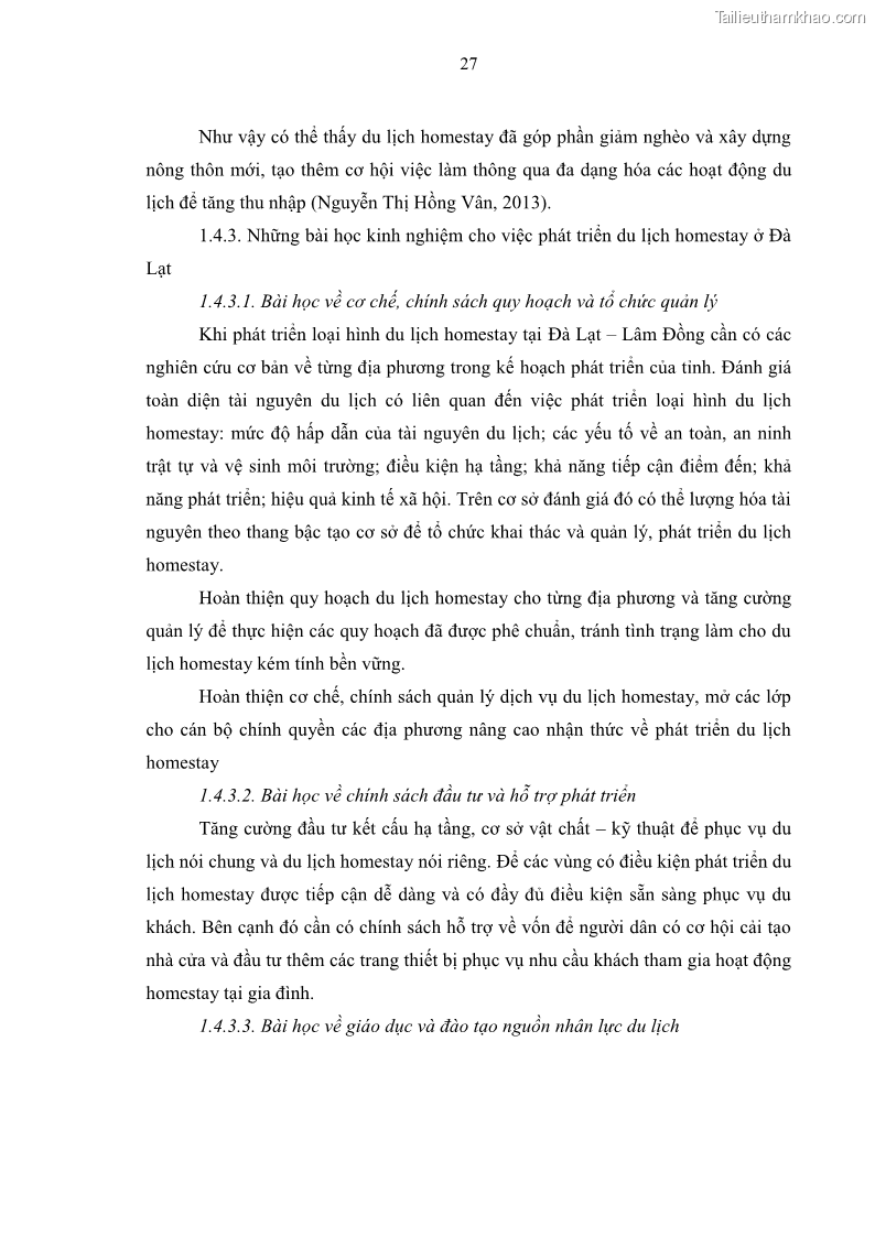 Luận văn Thạc sĩ Quản trị dịch vụ du lịch và lữ hành Phát triển du lịch Homestay tại Đà Lạt - 7 Trang 49