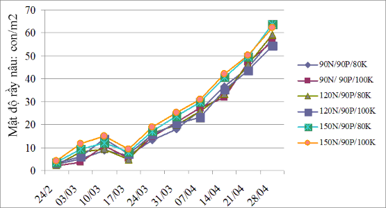 Hình 3 18 Đồ thị diễn biến mật độ rầy nâu trên các tổ hợp phân bón trong 1