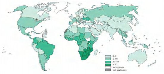 Bản đồ 1 3 Ước tính tỷ lệ hiện mắc HIV ở các trường hợp lao mới 2011 3