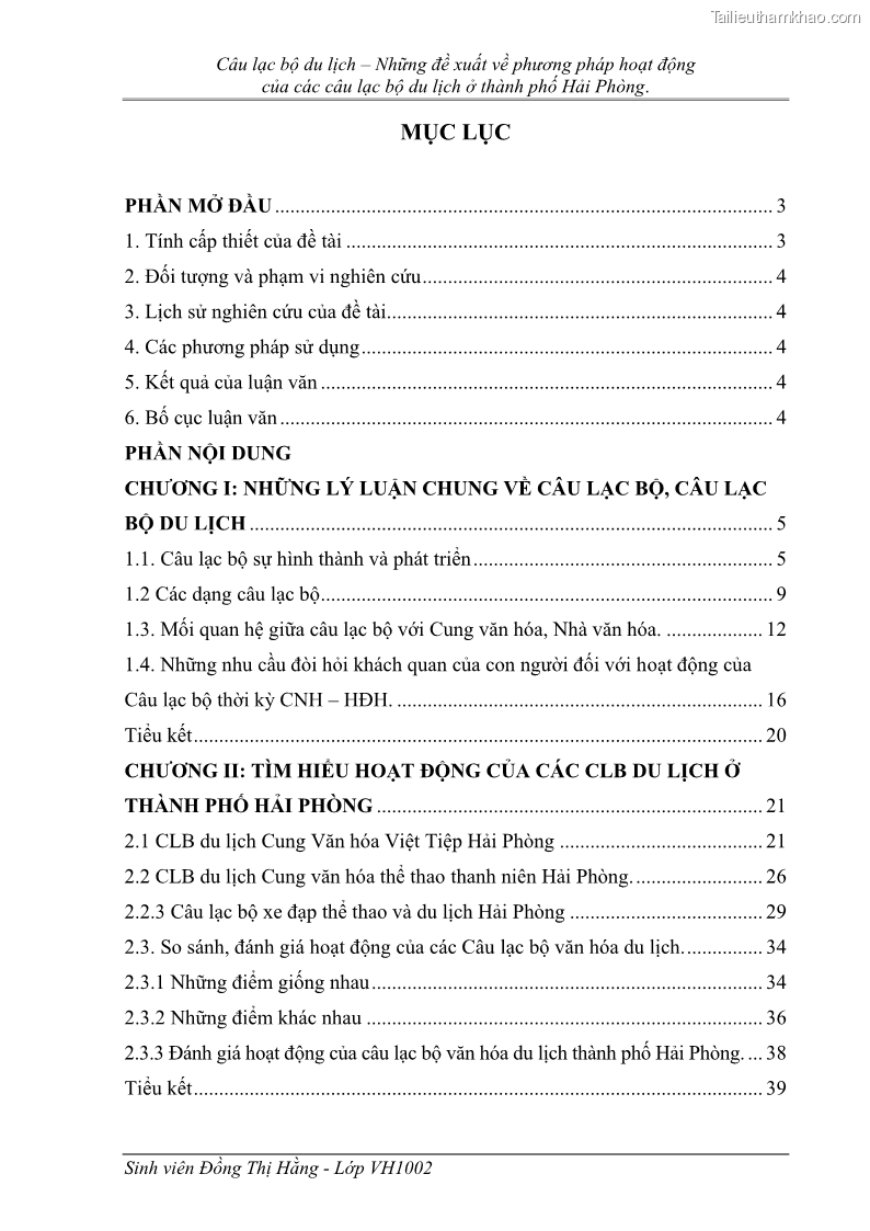 Khóa luận tốt nghiệp Văn hóa du lịch Câu lạc bộ du lịch – Những đề xuất về phương pháp hoạt động của các câu lạc bộ du lịch ở thành phố Hải Phòng - 1 Trang 1
