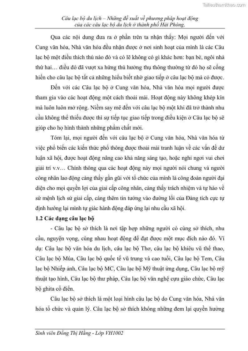 Khóa luận tốt nghiệp Văn hóa du lịch Câu lạc bộ du lịch – Những đề xuất về phương pháp hoạt động của các câu lạc bộ du lịch ở thành phố Hải Phòng - 2 Trang 9
