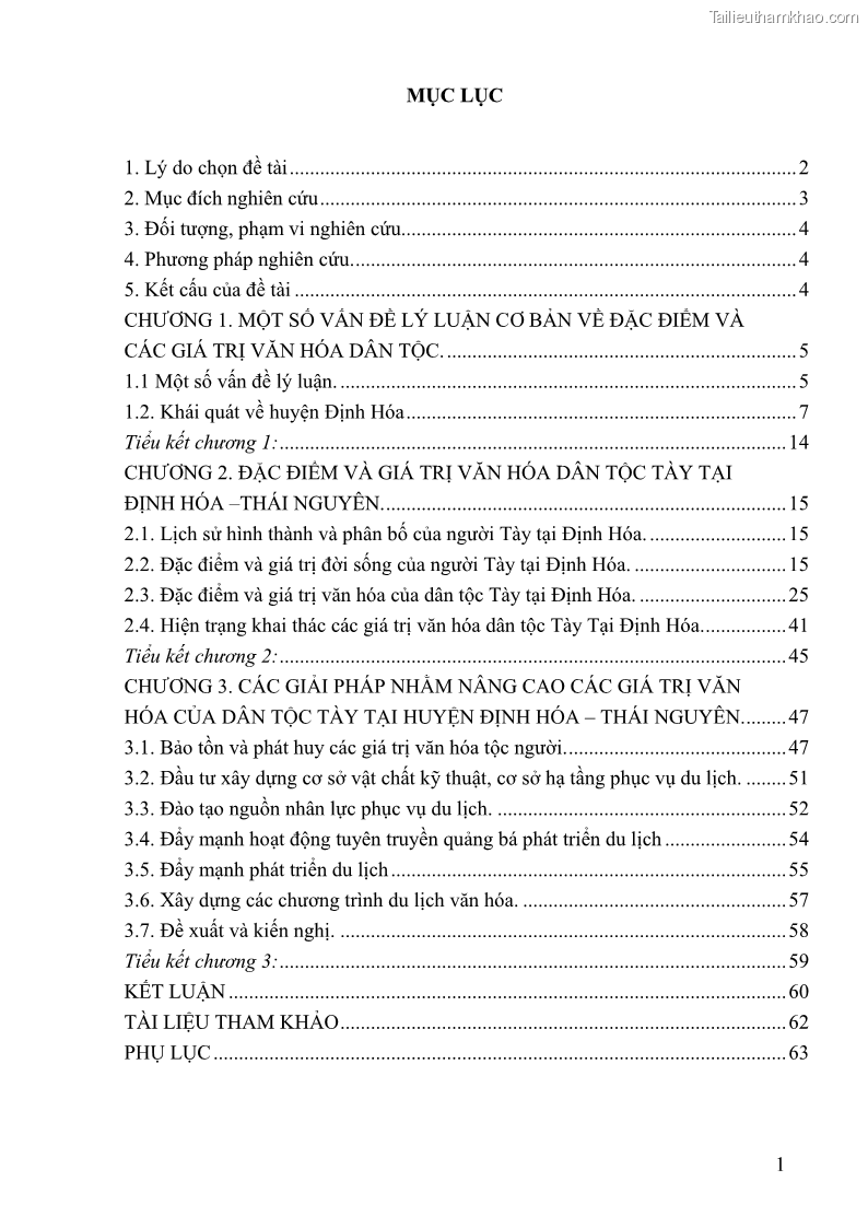 Khóa luận tốt nghiệp Văn hóa du lịch Đặc điểm và giá trị văn hóa của dân tộc Tày tại Định Hóa -Thái Nguyên. Hiện trạng và giải pháp - 1 Trang 1