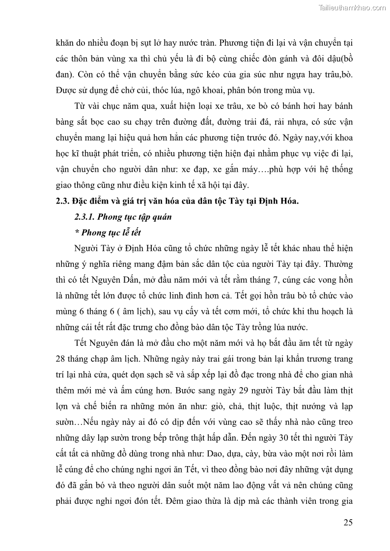 Khóa luận tốt nghiệp Văn hóa du lịch Đặc điểm và giá trị văn hóa của dân tộc Tày tại Định Hóa -Thái Nguyên. Hiện trạng và giải pháp - 4 Trang 25