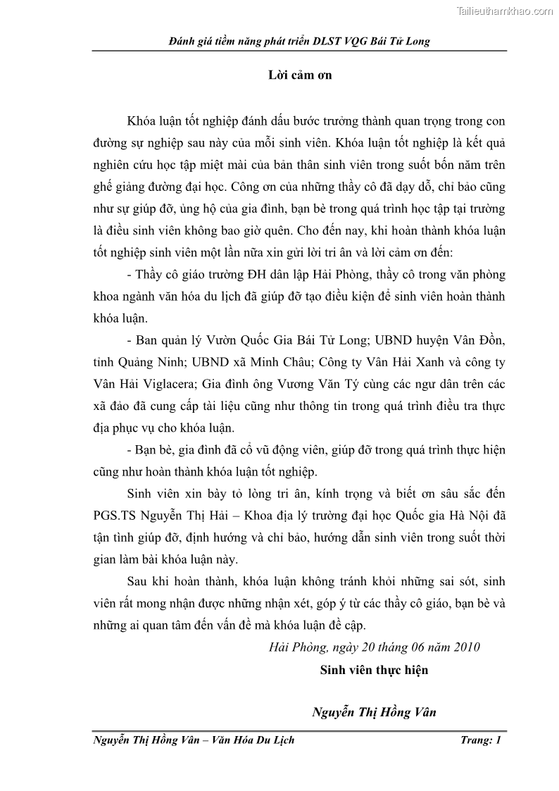 Khóa luận tốt nghiệp Văn hóa du lịch Đánh giá tiềm năng phát triển du lịch sinh thái VQG Bái Tử Long - 1 Trang 1