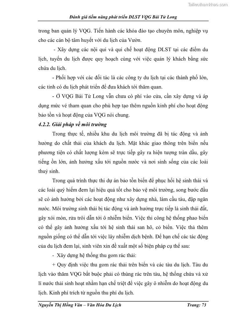 Khóa luận tốt nghiệp Văn hóa du lịch Đánh giá tiềm năng phát triển du lịch sinh thái VQG Bái Tử Long - 10 Trang 73