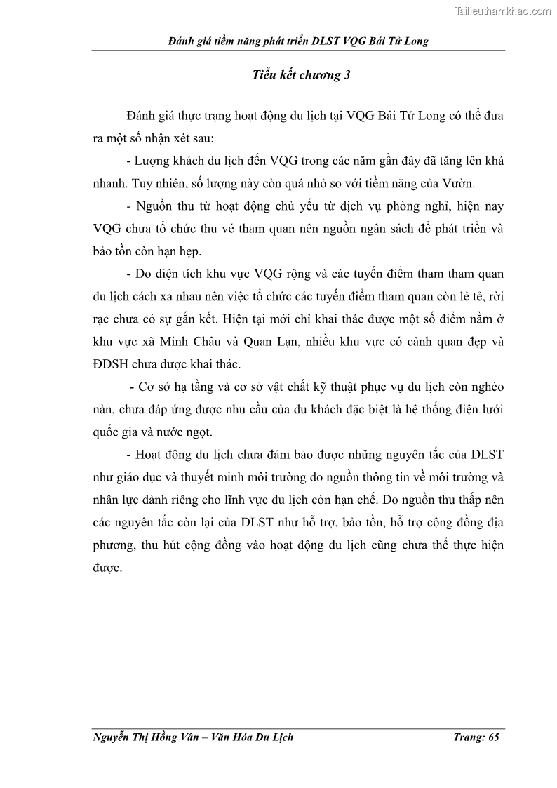 Khóa luận tốt nghiệp Văn hóa du lịch Đánh giá tiềm năng phát triển du lịch sinh thái VQG Bái Tử Long - 9 Trang 65