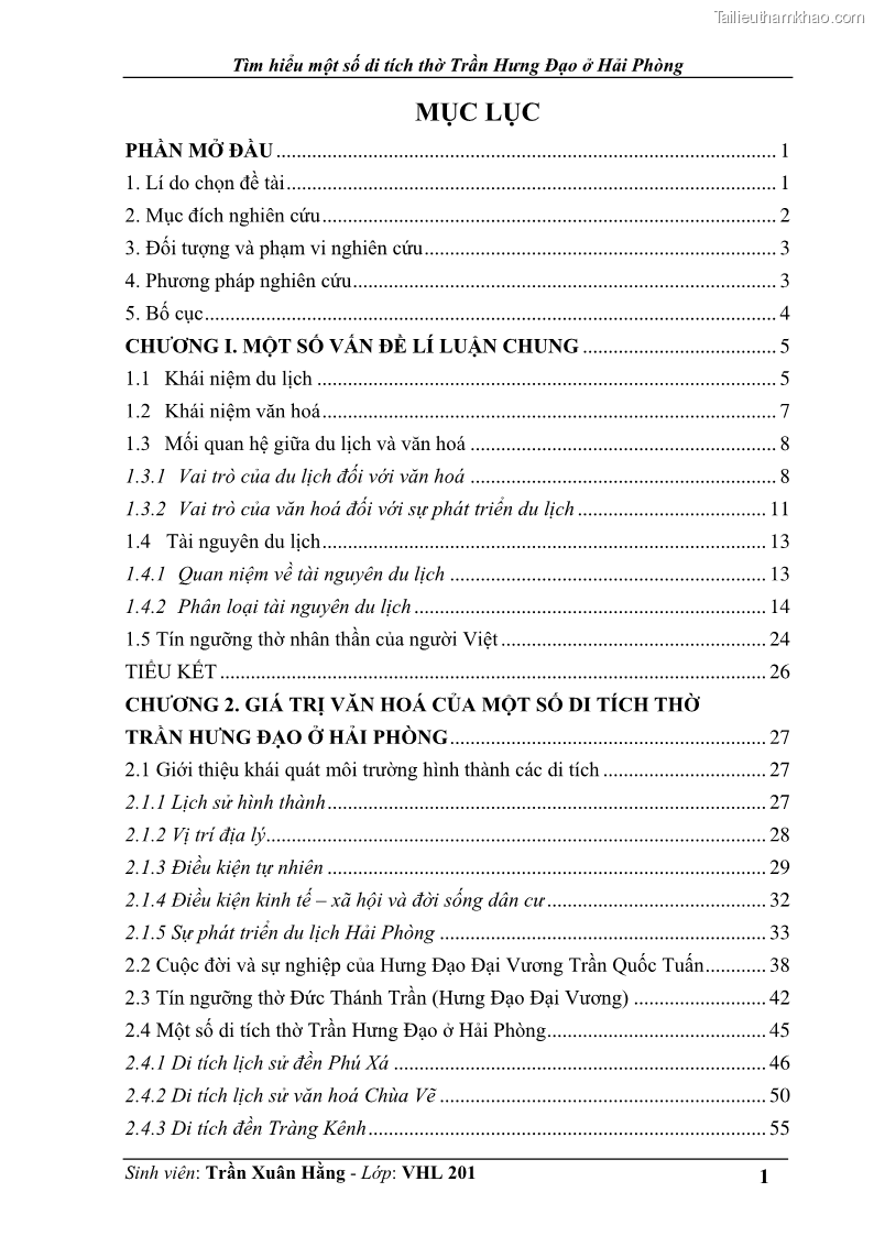 Khóa luận tốt nghiệp Văn hóa du lịch Tìm hiểu một số di tích thờ Trần Hưng Đạo ở Hải Phòng - 1 Trang 1