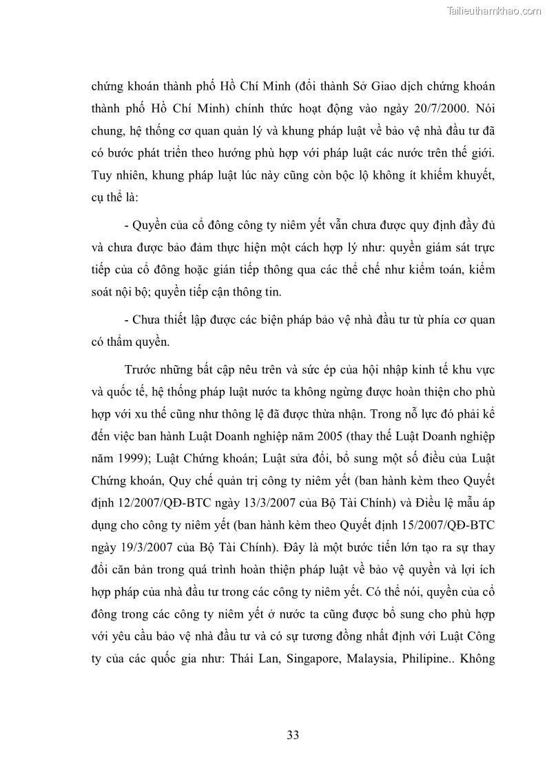 Luận văn thạc sĩ luật học Bảo vệ quyền và lợi ích hợp pháp của nhà đầu tư trong công ty niêm yết ở Việt Nam - 5 Trang 33