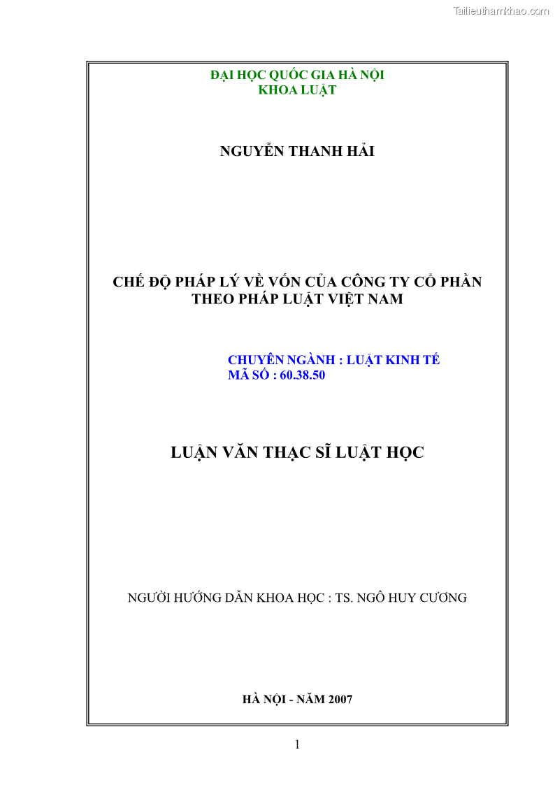 Luận Văn Thạc Sĩ Luật Học Chế độ pháp lý về vốn của công ty cổ phần theo pháp luật Việt Nam - 1 Trang 1