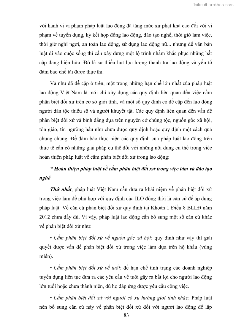 Luận văn thạc sĩ luật học Cấm phân biệt đối xử trong pháp Luật lao động Việt Nam - Thực trạng và một số kiến nghị - 12 Trang 89