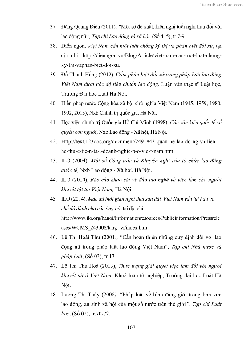 Luận văn thạc sĩ luật học Cấm phân biệt đối xử trong pháp Luật lao động Việt Nam - Thực trạng và một số kiến nghị - 15 Trang 113