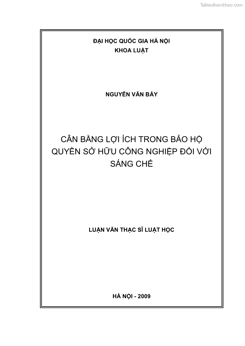Luận văn thạc sĩ luật học Cân bằng lợi ích trong bảo hộ quyền sở hữu công nghiệp đối với sáng chế - 1 Trang 1
