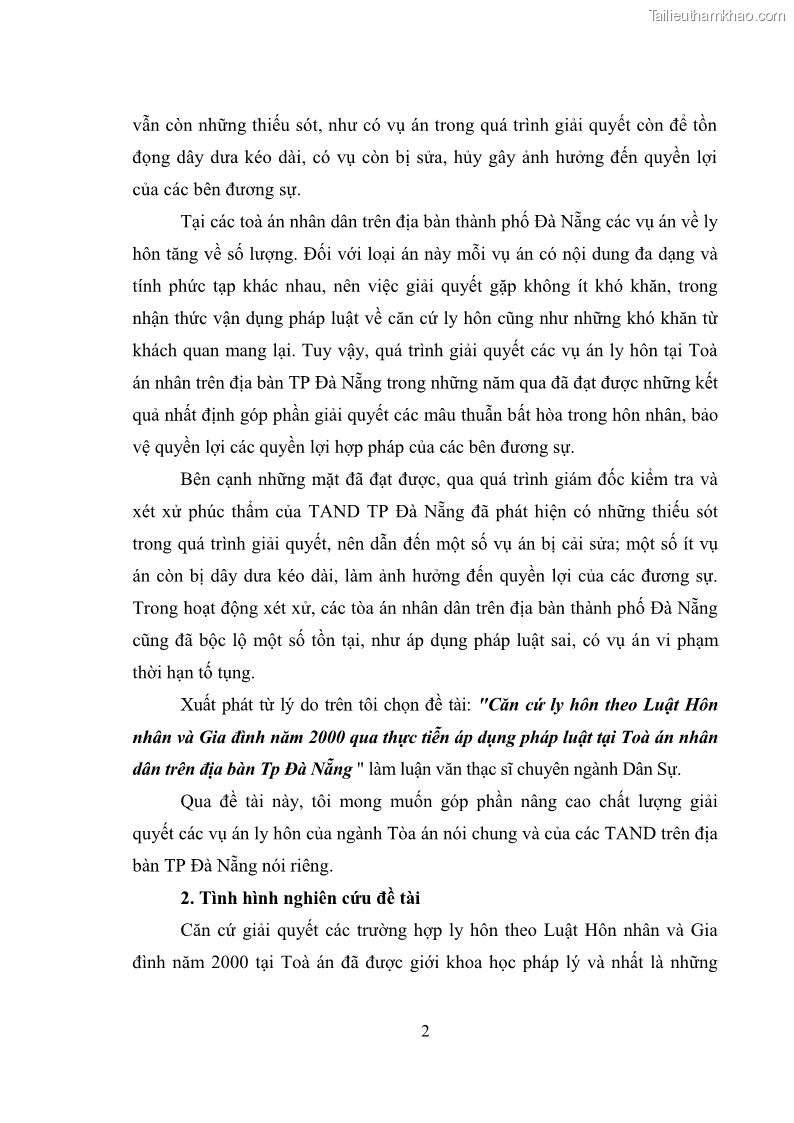 Luận văn thạc sĩ luật học Căn cứ ly hôn theo luật hôn nhân và gia đình năm 2000 qua thực tiễn áp dụng pháp luật tại tòa án nhân dân trên địa bàn thành phố Đà Nẵng - 2 Trang 9