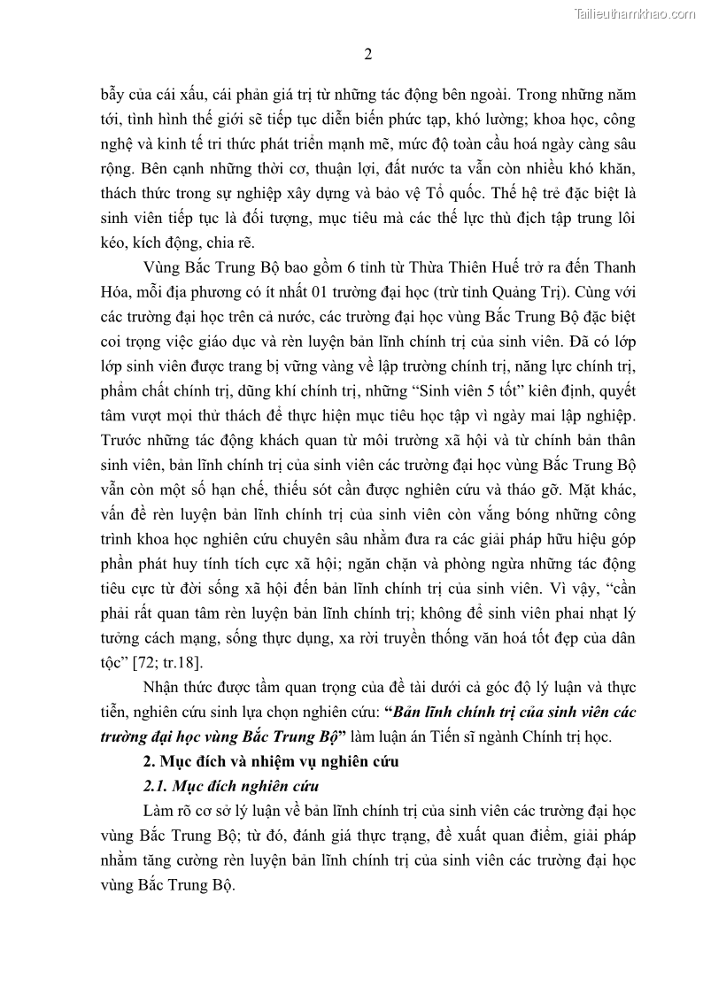 Luận án tiến sĩ khoa học chính trị Bản lĩnh chính trị của sinh viên các trường đại học vùng Bắc Trung Bộ - 2 Trang 9