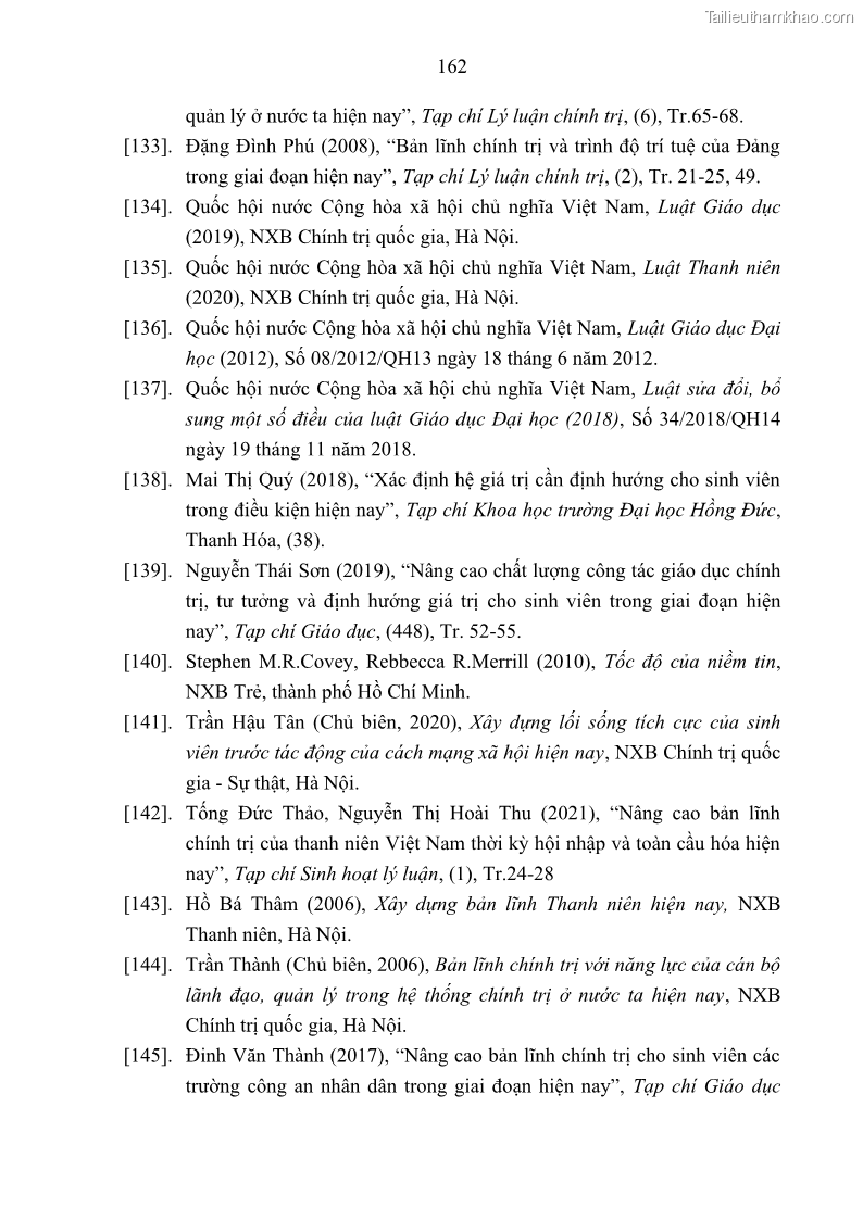 Luận án tiến sĩ khoa học chính trị Bản lĩnh chính trị của sinh viên các trường đại học vùng Bắc Trung Bộ - 22 Trang 169