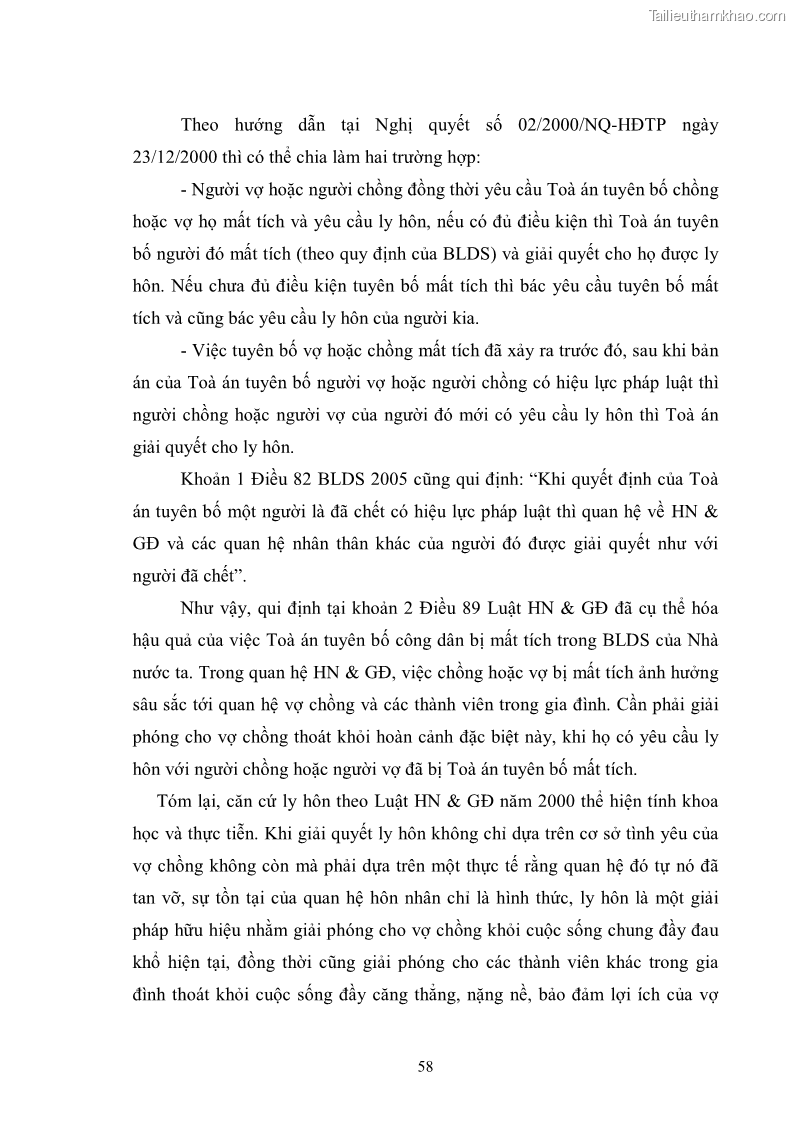 Luận văn thạc sĩ luật học Căn cứ ly hôn và các trường hợp ly hôn theo Luật Hôn nhân và Gia đình năm 2000 - 8 Trang 57