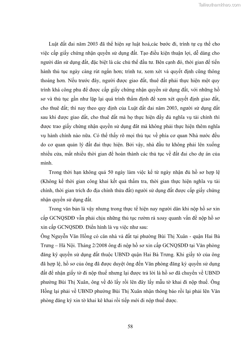 Luận văn thạc sĩ luật học Cấp giấy chứng nhận quyền sử dụng đất trên địa bàn thành phố Hà Nội từ năm 2003 đến nay - 8 Trang 57