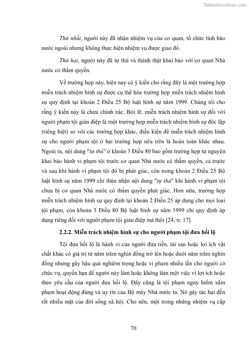 Luận văn thạc sĩ luật học Chế định miễn trách nhiệm hình sự trong luật hình sự Việt Nam - 10 Trang 73