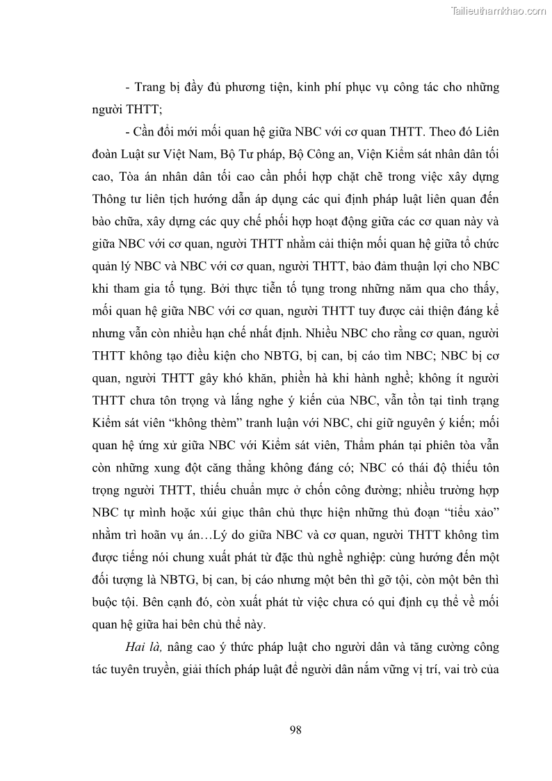 Luận văn thạc sĩ luật học Chế định người bào chữa trong Luật tố tụng hình sự Việt Nam - Lý luận và thực tiễn áp dụng trên địa bàn tỉnh Hải Dương - 14 Trang 105