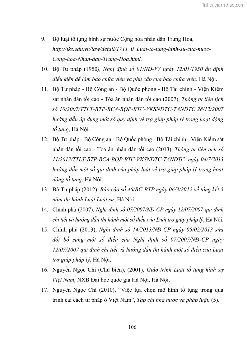 Luận văn thạc sĩ luật học Chế định người bào chữa trong Luật tố tụng hình sự Việt Nam - Lý luận và thực tiễn áp dụng trên địa bàn tỉnh Hải Dương - 15 Trang 113