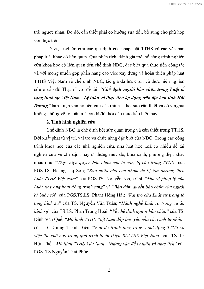 Luận văn thạc sĩ luật học Chế định người bào chữa trong Luật tố tụng hình sự Việt Nam - Lý luận và thực tiễn áp dụng trên địa bàn tỉnh Hải Dương - 2 Trang 9